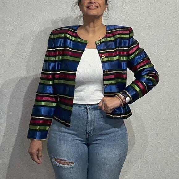 Maggy London Black Metallic Striped Vintage Blazer Sz 14 - Picture 1 of 11